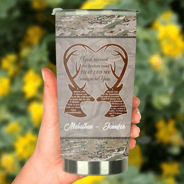 Personalized Deer Hunting Heart Tumbler - Gift Idea For Couple - God Blessed The Broken Road That Led Me Straight To You
