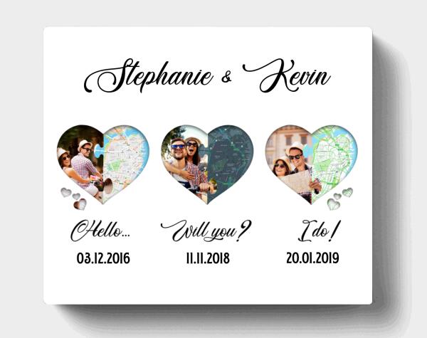 Personalized Love Story Canvas - Custom Maps & Photos - Gifts for Couples, Husband and Wife - Hello, Will you, I do