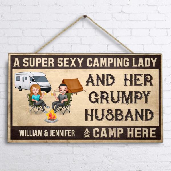 Personalized Camping Couple Chibi Door Sign - Gift Idea For Camping Lover - A Super Sexy Camping Lady and Her Grumpy Husband