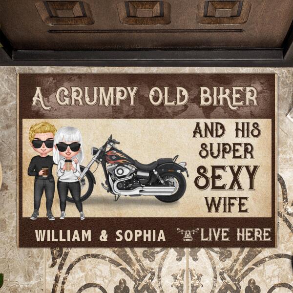 Personalized Old Bikers Doormat - Best Gift For Couple - A Grumpy Old Biker And His Super Sexy Wife Live Here
