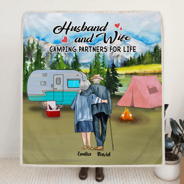 Personalized Old Couple Camping Quilt/Fleece Blanket - Gift For Couple - Husband And Wife Camping Partners For Life