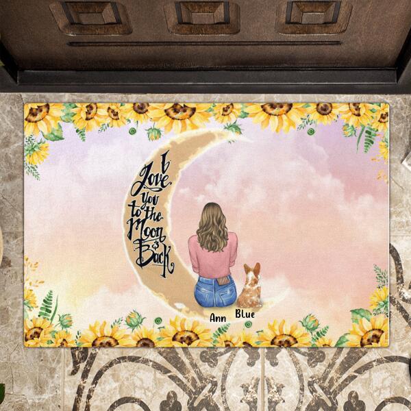 Personalized Dog Mom Sunflower Doormat - Gift For Dog Lover With Up to 4 Dogs - I Love You To The Moon & Back