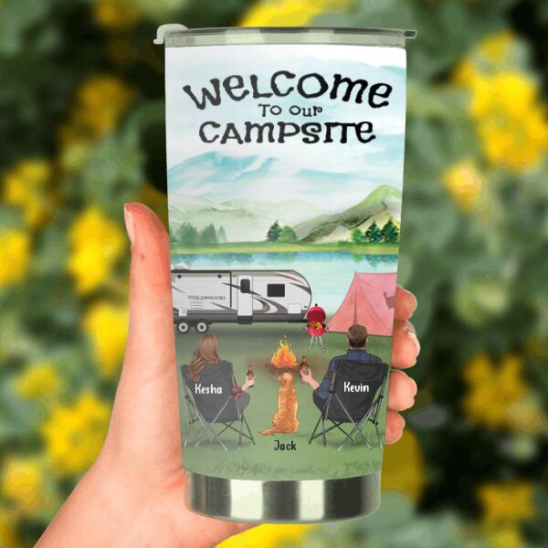 Personalized Dog & Owners Camping Tumbler - Gift for Dog Lovers, Camping Couple - Couple & 1 Dog - Welcome to Our Campsite