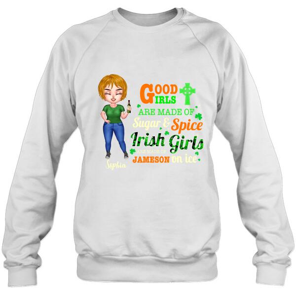 Personalized Irish Girl Chibi Shirt/Pullover Hoodie/Sweatshirt/Long Sleeve - Gift Idea For St Patrick's Day - Irish Girls Are Made Of Jameson On Ice