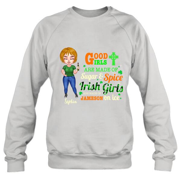 Personalized Irish Girl Chibi Shirt/Pullover Hoodie/Sweatshirt/Long Sleeve - Gift Idea For St Patrick's Day - Irish Girls Are Made Of Jameson On Ice