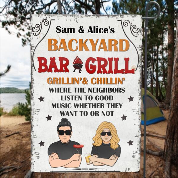 Personalized Flag/Metal Sign - Backyard Bar & Grill Flag/Metal Sign - Gift for Family, Couple, Husband and Wife - Backyard Bar & Grill Grillin' & Chillin'