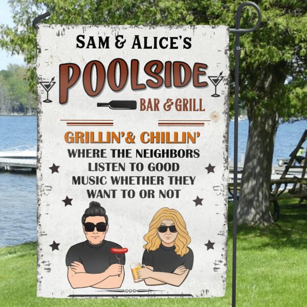 Personalized Flag/Metal Sign - Poolside Bar & Grill Flag/Metal Sign - Gift for Family, Couple, Husband and Wife - Poolside Bar & Grill Grillin' & Chillin'