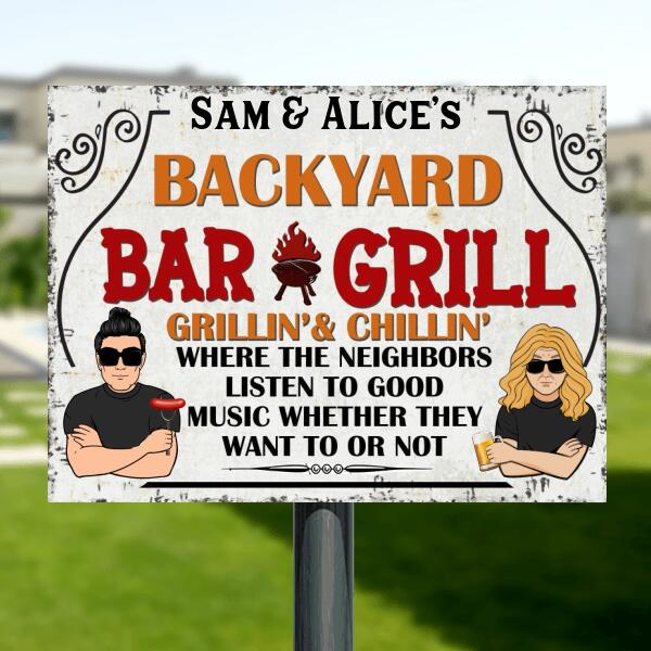 Personalized Flag/Metal Sign - Backyard Bar & Grill Flag/Metal Sign - Gift for Family, Couple, Husband and Wife - Backyard Bar & Grill Grillin' & Chillin'