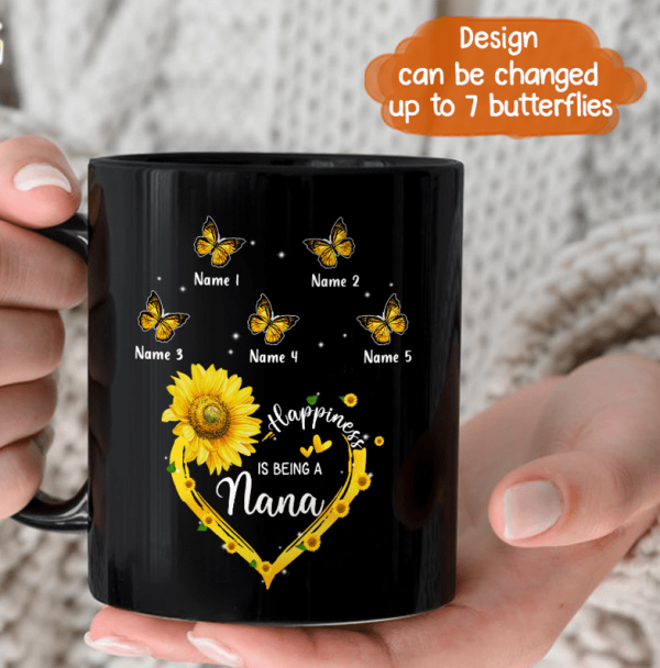 Personalized Grandma Butterfly Black Coffee Mug - Gift For Grandma From Grandkids - Happiness Is Being A Nana