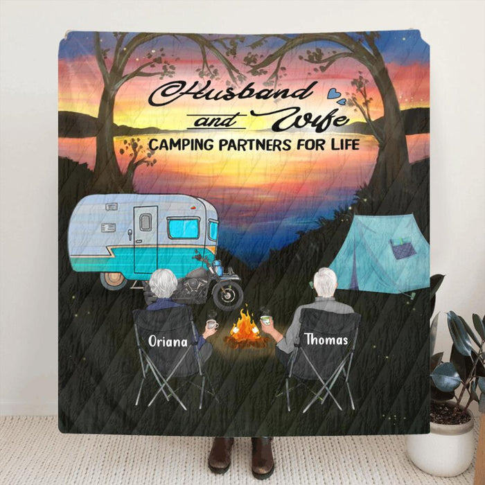 Personalized Couple Camping Quilt/Fleece Blanket/Pillow Cover - Gift For Camping Lover - Husband And Wife Camping Partners For Life