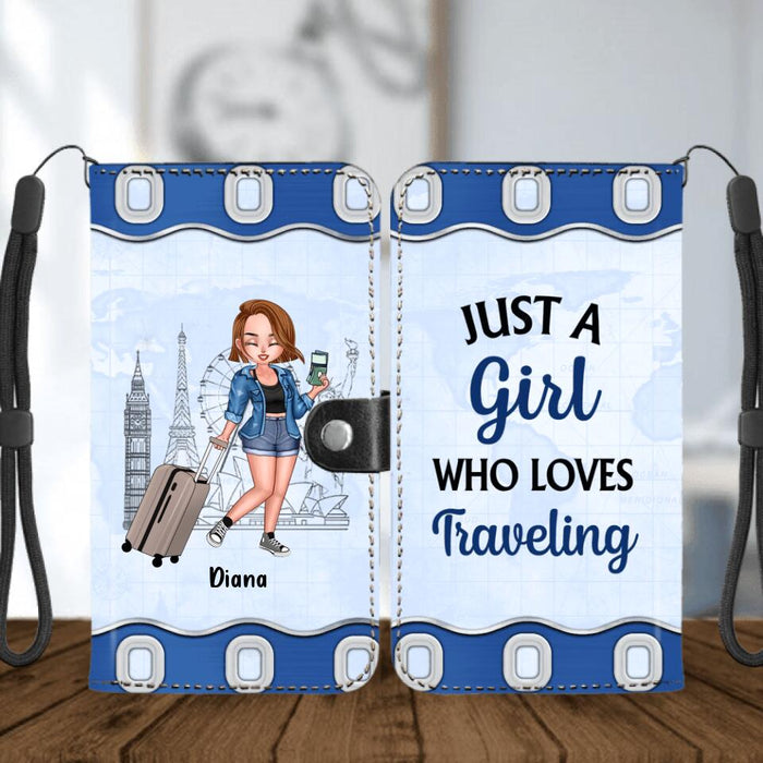 Personalized Traveling Girl Flip Leather Purse - Gift For Traveling Lovers - Just A Girl Who Loves Traveling