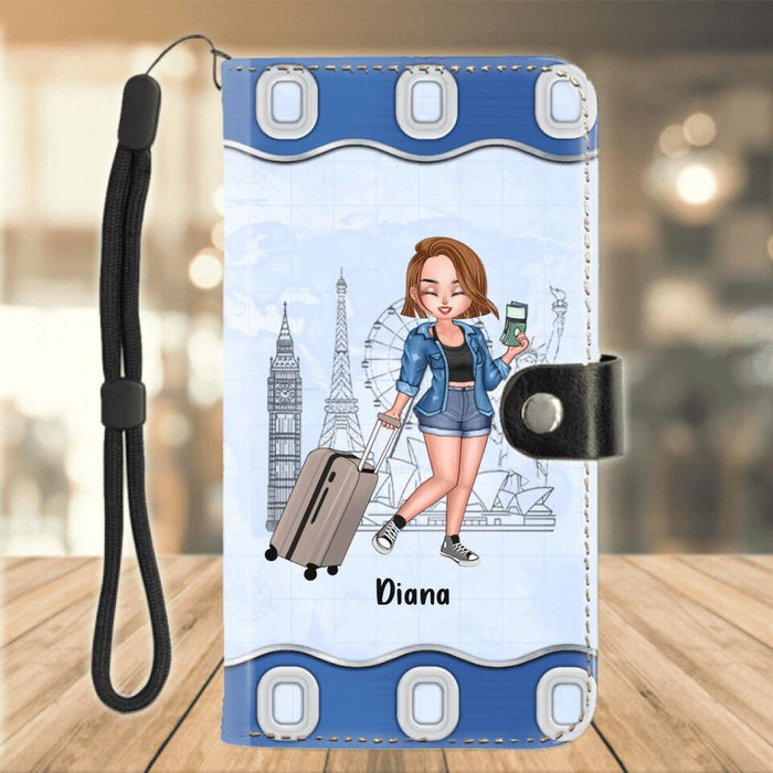 Personalized Traveling Girl Flip Leather Purse - Gift For Traveling Lovers - Just A Girl Who Loves Traveling