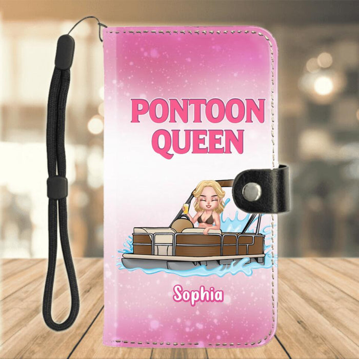 Personalized Pontoon Queen Flip Leather Purse For Mobile Phone - Gift For Pontoon Lover - Pontoon Queen Just Like A Normal Queen Only More Drunker
