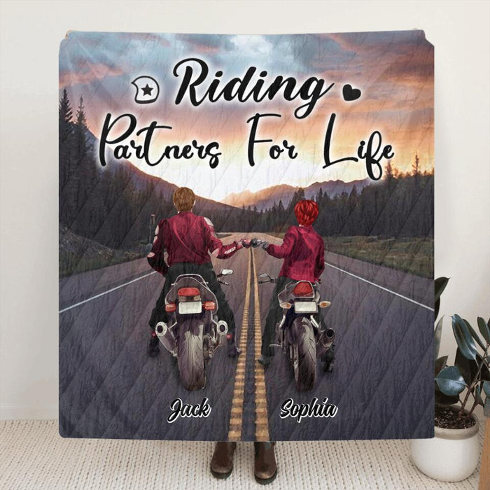 Personalized Motorcycle Couple Quilt/Fleece Blanket/Pillow Cover - Up to 4 People - Best Gift For Couple - Riding Partners For Life