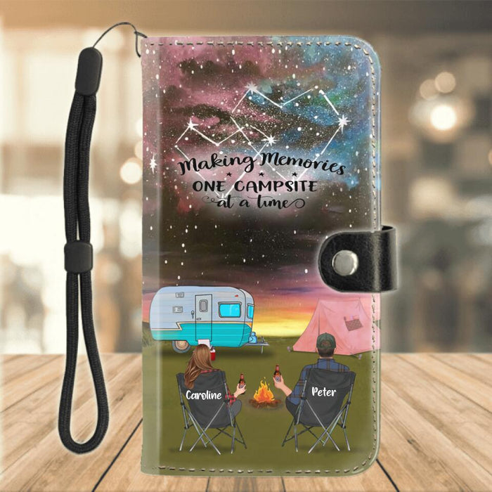 Personalized Camping Flip Leather Purse For Mobile Phone - Couple With Up to 2 Kids And 3 Pets - Phone Wallet Gift For Camping Lover -Making Memories One Campsite At A Time