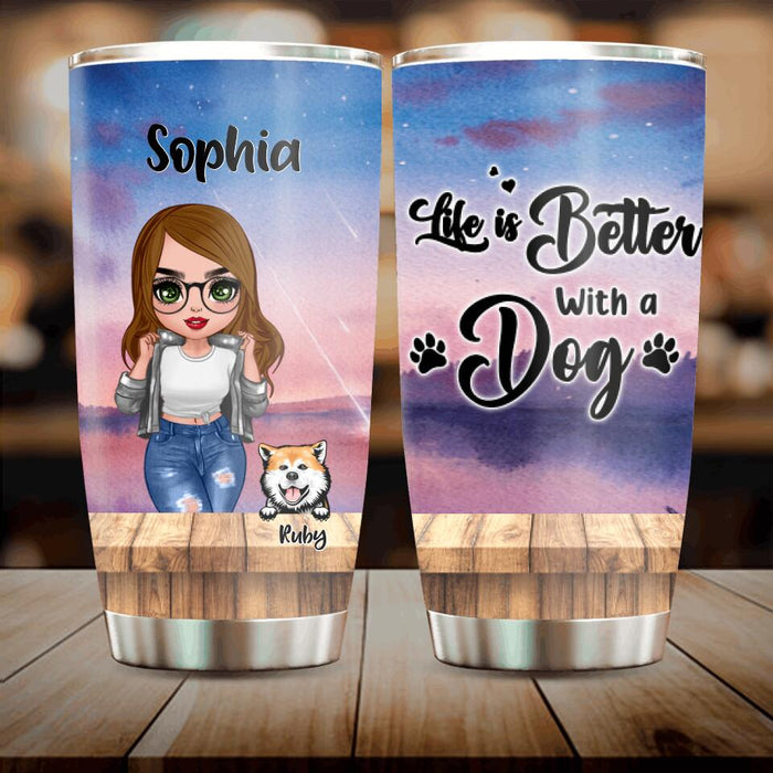 Personalized Dog Mom Chibi Front Tumbler - Gifts For Dog Lover With Up to 4 Dogs - Life Is Better With A Dog