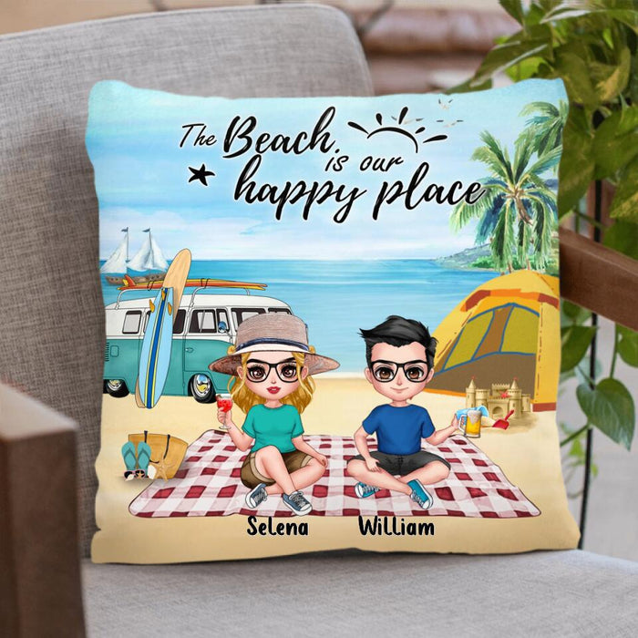 Personalized Summer Beach Picnic Camping Pillow Cover/Fleece/Quilt Blanket - Up to 5 People - Gift Idea For Camping Couple/Friends - The Beach Is Our Happy Place