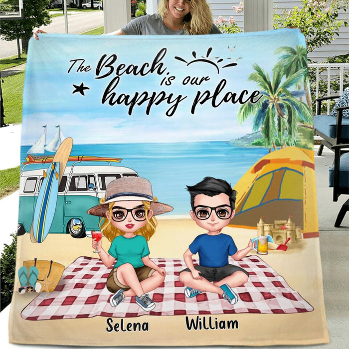 Personalized Summer Beach Picnic Camping Pillow Cover/Fleece/Quilt Blanket - Up to 5 People - Gift Idea For Camping Couple/Friends - The Beach Is Our Happy Place