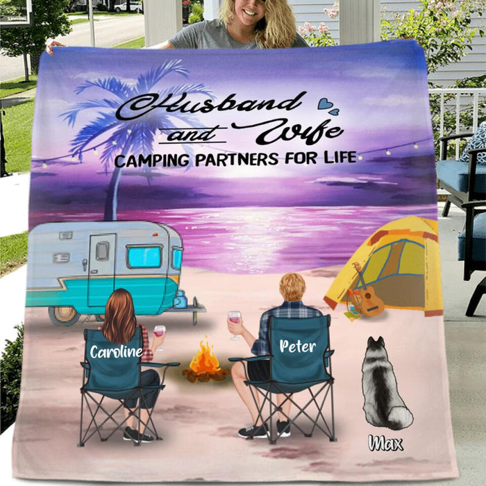 Personalized Beach Camping Pillow Cover/Quilt/Fleece Blanket - Couple/Parents With Up to 3 Kids, 4 Pets - Gift Idea For Family Camping Lover - Husband & Wife Camping Partners For Life