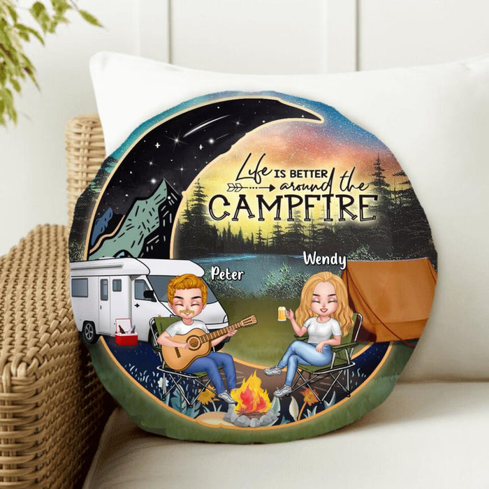 Personalized Camping Moon Couple With Dog Round Pillow - Up to 3 Dogs - Gift Idea For Camping Lover - Life Is Better Around The Campfire