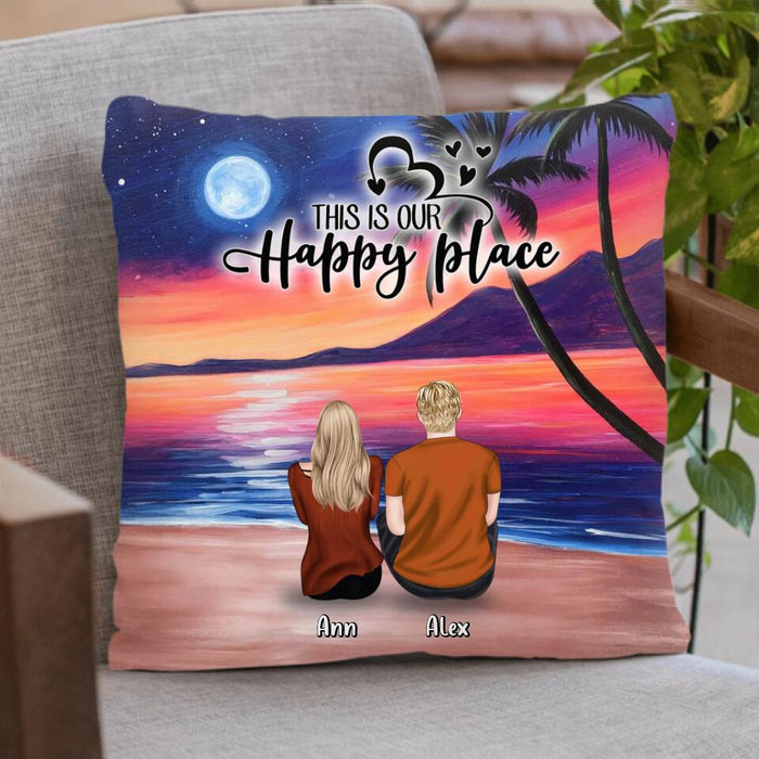 Personalized Couple and Dog Beach Dawn Pillow Cover - Gift For Camping Lovers with up to 4 Dogs - This Is Our Happy Place