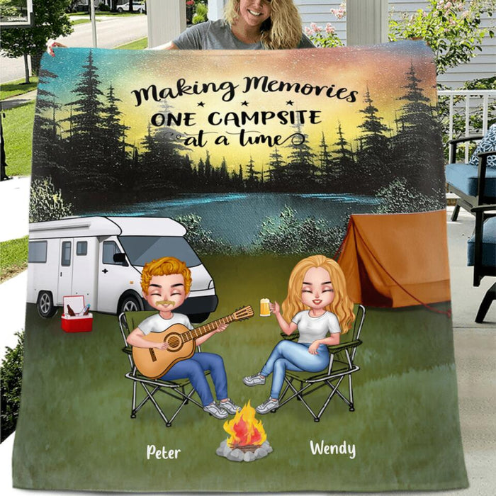 Personalized Guitar Camping Couple Fleece Throw Blanket/Quilt - Gift For Camping Lovers - Up To 3 Dogs - Making Memories One Campsite At A Time