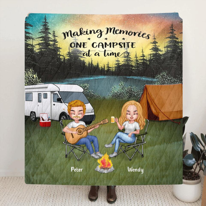 Personalized Guitar Camping Couple Fleece Throw Blanket/Quilt - Gift For Camping Lovers - Up To 3 Dogs - Making Memories One Campsite At A Time
