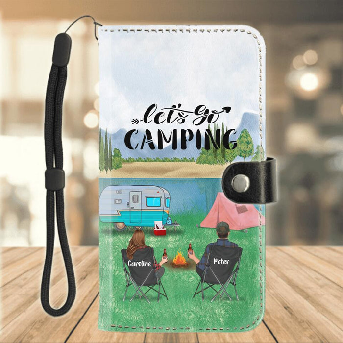Personalized Camping Couple Day Flip Leather Purse For Mobile Phone - Couple/Parents With Up to 2 Kids And 3 Pets - Gift Idea For Camping Lover - Let's Go Camping
