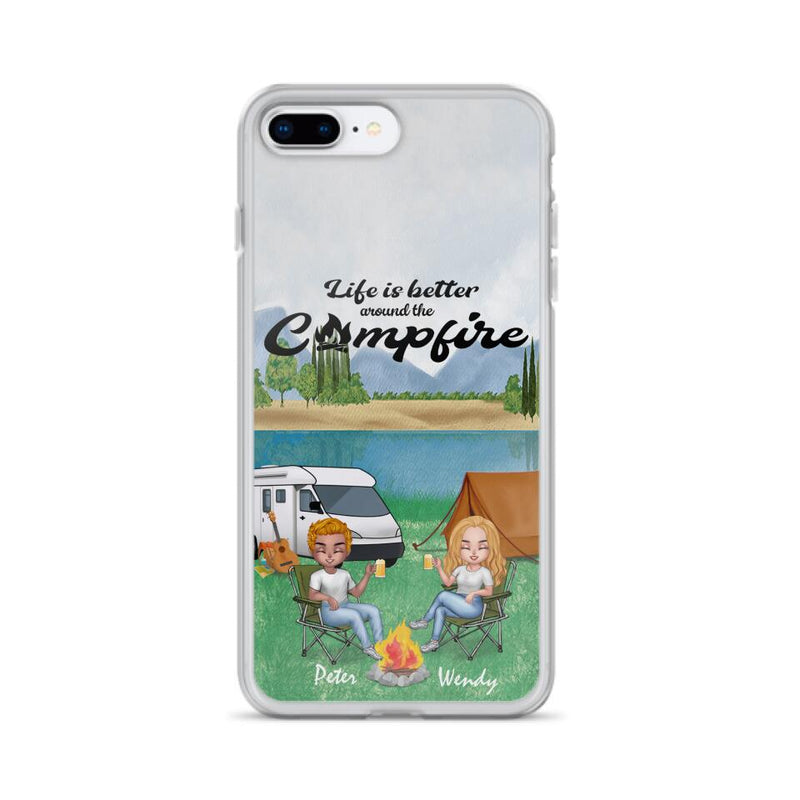 Personalized Camping Chibi Phone Case - Couple With Up to 2 Dogs - Gift Idea For Dog/Camping Lover - Life Is Better Around The Campfire - Case For iPhone And Samsung