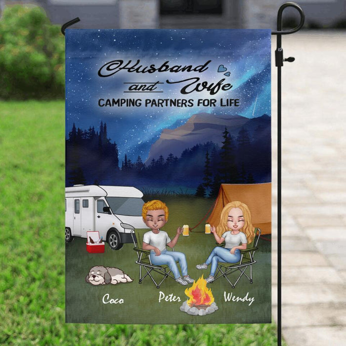 Personalized Night Camping Chibi Flag Sign - Couple With Up to 3 Dogs - Gift Idea For Dog/Camping Lover - Husband And Wife Camping Partners For Life