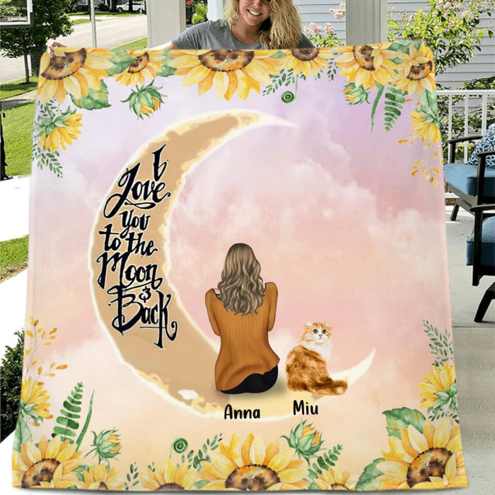 Personalized Cat Sun Flower Pillow Cover/Quilt/Fleece Throw Blanket - Up to 6 Cats - Gift Idea For Cat Lover - I Love You To The Moon And Back