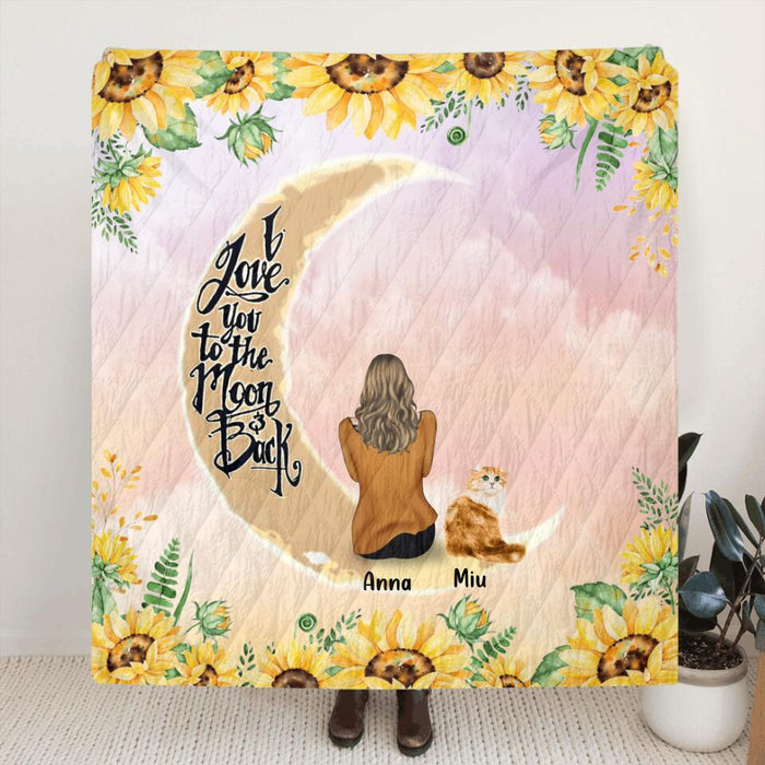 Personalized Cat Sun Flower Pillow Cover/Quilt/Fleece Throw Blanket - Up to 6 Cats - Gift Idea For Cat Lover - I Love You To The Moon And Back