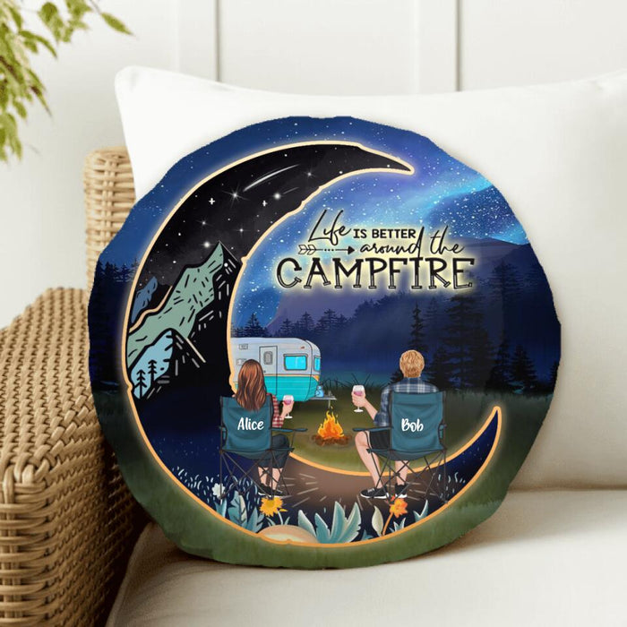 Personalized Camping Moon Night Round Pillow - Couple/Parents With Up to 3 Kids And 5 Pets - Gift Idea For Camping Lover - Life Is Better Around The Campfire