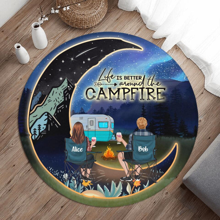 Personalized Camping Moon Couple Valentine's Day Round Rug - Couple/Parents With Up to 3 Kids And 3 Pets - Valentine's Day Gift For Camping Lover - Life Is Better Around The Campfire