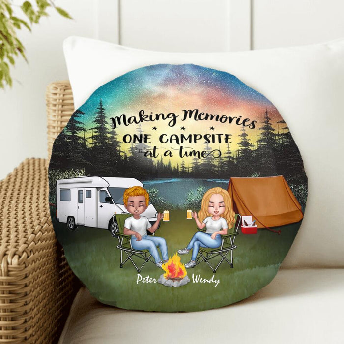Personalized Camping Night Couple Valentine's Day Round Pillow - Couple With Up to 2 Dogs - Gift Idea For Camping Lover - Making Memories One Campsite At A Time