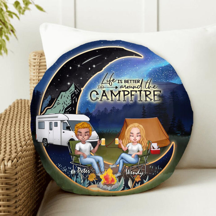 Personalized Camping Moon Night Couple Valentine's Day Round Pillow - Couple With Up to 2 Dogs - Gift Idea For Camping Lover - Life Is Better Around The Campfire