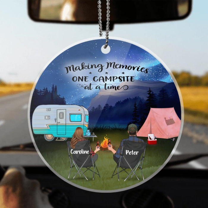 Personalized Camping Couple Valentine's Day Car Ornament - Couple/Parents With Up to 2 Kids And 3 Pets - Gift Idea For Camping Lover - Making Memories One Campsite At A Time