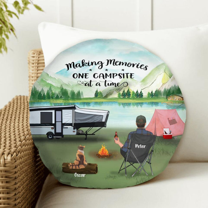 Personalized Camping Round Pillow - Adult/Couple/Parents With Up to 4 Kids And 4 Pets - Gift Idea For Family/Camping Lover - Making Memories One Campsite At A Time