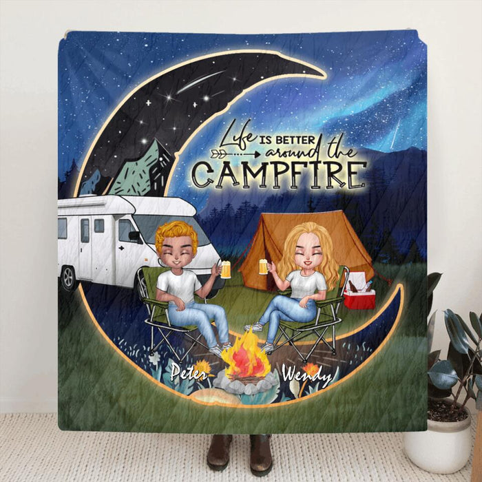 Personalized Camping Moon Couple With Dogs Pillow Cover/Quilt/Fleece Throw Blanket - Couple With Up to 3 Dogs - Gift Idea For Dog/Camping Lover