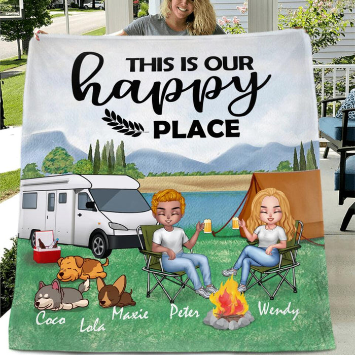 Personalized Camping Couple With Dogs Pillow Cover/Quilt/Fleece Throw Blanket - Couple With Up to 3 Dogs - Gift Idea For Dog/Camping Lover - This Is Our Happy Place