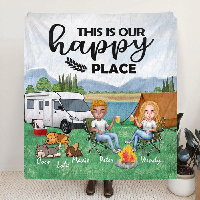 Personalized Camping Couple With Dogs Pillow Cover/Quilt/Fleece Throw Blanket - Couple With Up to 3 Dogs - Gift Idea For Dog/Camping Lover - This Is Our Happy Place