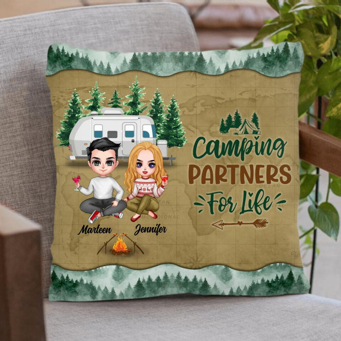Personalized Camping Couple And Dog Pillow Cover - Couple With Up to 2 Dogs - Valentine's Day Gift Idea For Couple - Camping Partners For Life