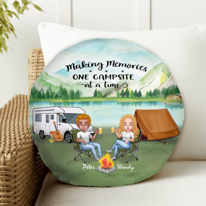 Personalized Camping Couple Valentine's  Day Round Pillow - Couple With Up to 2 Dogs - Gift Idea For Camping Lover - Making Memories One Campsite At A Time