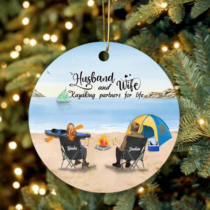 Personalized Kayak Camping Ornament - Couple With Up to 3 Dogs - This Is Our Happy Place