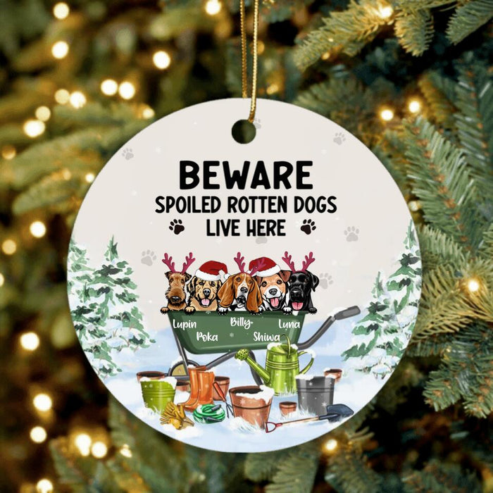 Personalized Xmas Dog Garden Ornament - Up to 5 Dogs - Best Gift For Dog Lover - Beware Spoiled Rotten Dogs Live Here