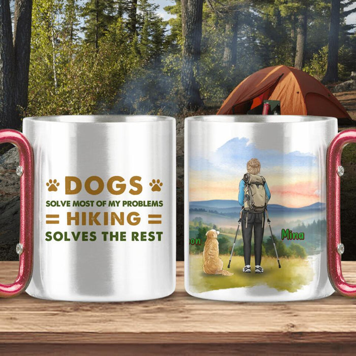 Personalized Solo Hiking With Dogs Classic Insulated Mug - Woman/Man With Up to 4 Dogs - Gift Idea For Hiking Lovers - Dogs Solve Most Of My Problem, Hiking Solves The Rest