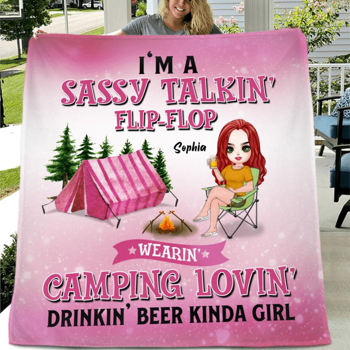 Personalized Camping Girl Pillow Cover/Fleece Blanket/Quilt - Gift Idea For Camping Lovers - I'm A Sassy Talkin' Flip - Flop Camping Lovin' Drinkin' Beer Kinda Girl
