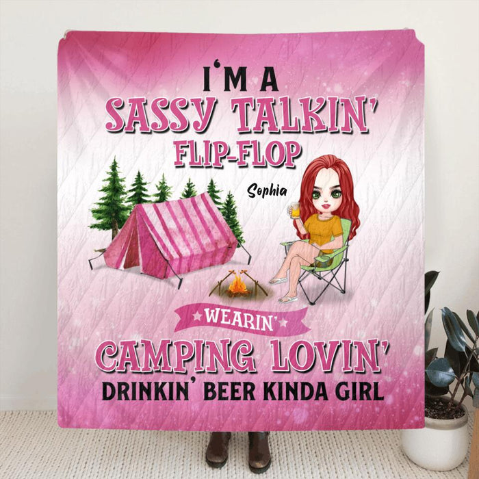 Personalized Camping Girl Pillow Cover/Fleece Blanket/Quilt - Gift Idea For Camping Lovers - I'm A Sassy Talkin' Flip - Flop Camping Lovin' Drinkin' Beer Kinda Girl