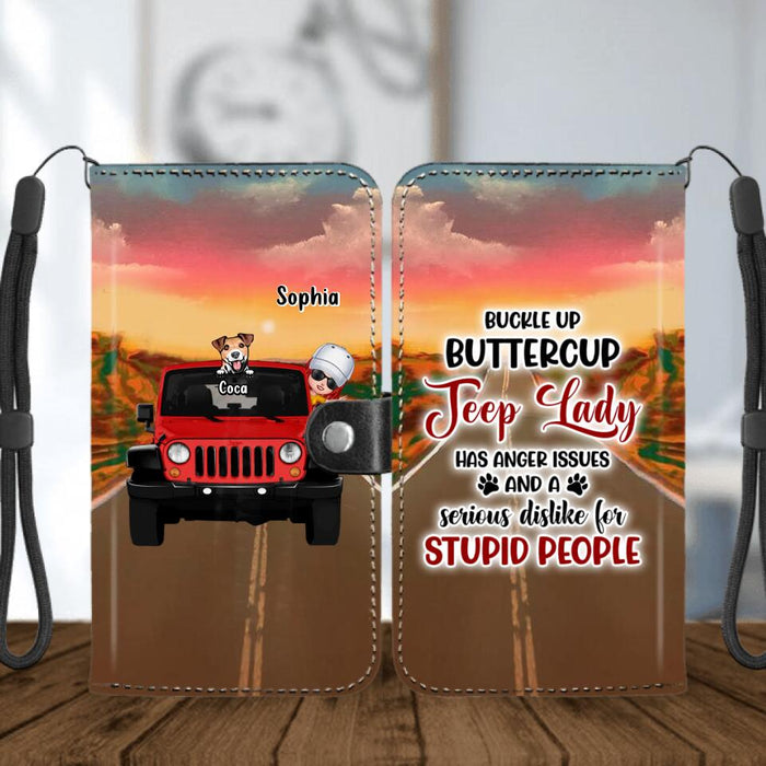 Personalized Off-road Lady Flip Leather Purse for Mobile Phone - Up to 5 Dogs - Gift Idea For Dog/Off-road Lover - Buckle Up Buttercup