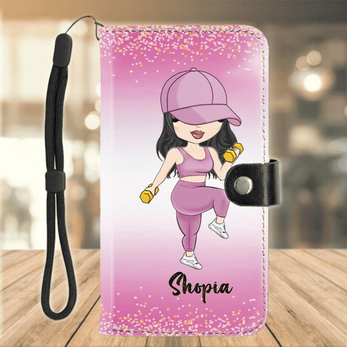 Personalized Gym Girl Chibi Flip Leather Purse For Mobile Phone - Gift Idea For Gym Lovers - I Worked Out Because Punching People Is Frowned Upon